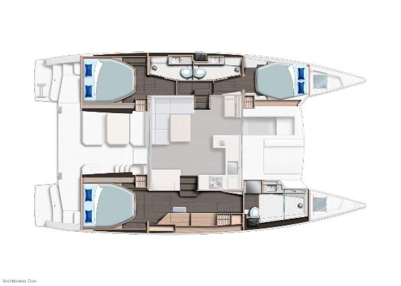 Leopard 42 owner-version layout with the starboard owner cabin and two port queen cabins